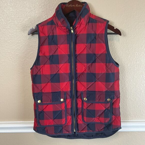 J Crew Navy Red Plaid Quilted Down Puffer Vest Sz XS Womens Zip Front Pockets U - Picture 5 of 12